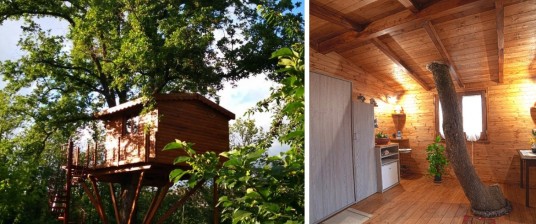 On the left, the tree-house seen from outside, the wooden structure and the spiral staircase to access it, under a leafy crown. On the right, inside the house, the piece of furniture in which the bed hides during the day to leave the room free. It's visible the trunk that crosses the room