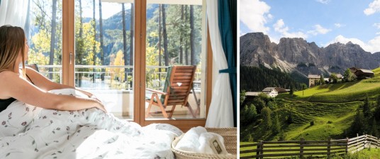 On the left, one of the rooms of the bnb; on the righe, panoramic view on the green Badia Valley
