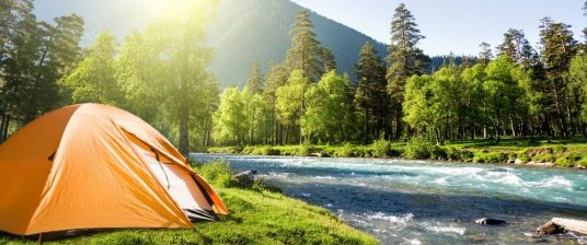 sustainable camping, tent, river, nature