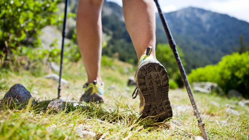 Nordic walking legs in mountains