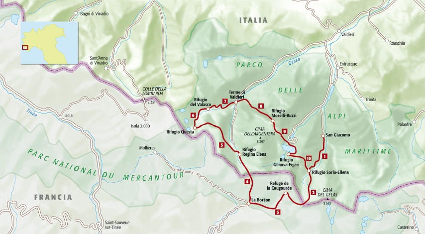 sulle tracce del lupo tra le alpi italiane e francesi, mappa dell'itinerario a piedi