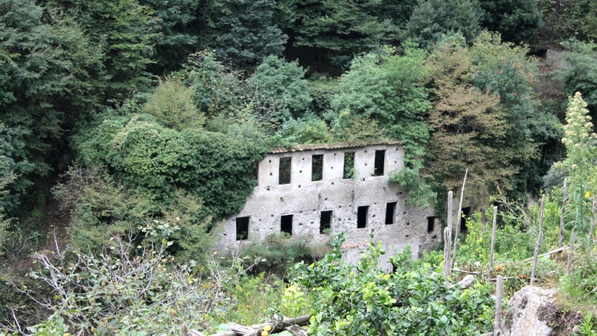Antico edificio invaso dal verde nella Valle dei mulini, o valle delle ferriere, amalfi