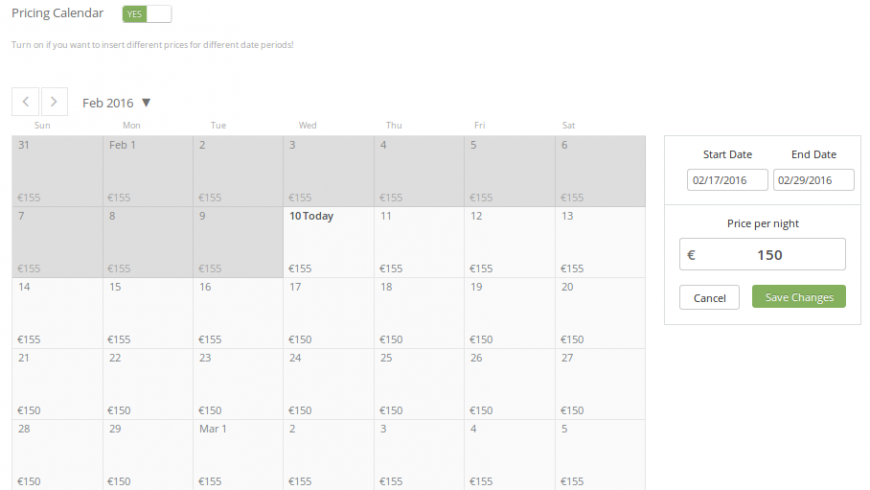 Puoi differenziare i prezzi dei tuoi spazi nei vari periodi dell'anno utilizzando il calendario