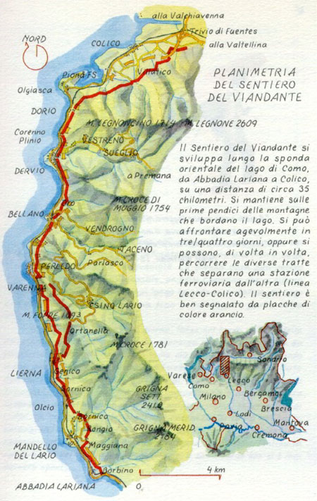 La mappa del sentiero del Viandante, lago di Como