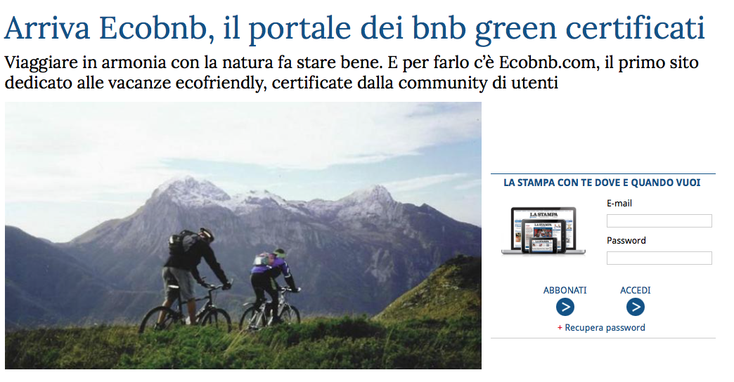 Articolo del quotidiano La Stampa su Ecobnb, portale dei B&B green