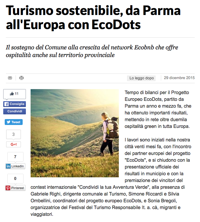 Articolo di La Repubblica Parma su Ecobnb e sul progetto europeo EcoDots