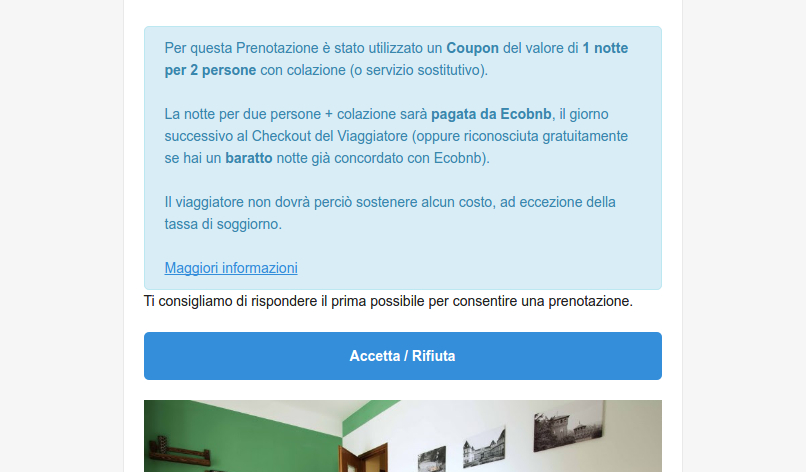 Esempio di messaggio che viene inviato per una richiesta di notte in caso di baratto