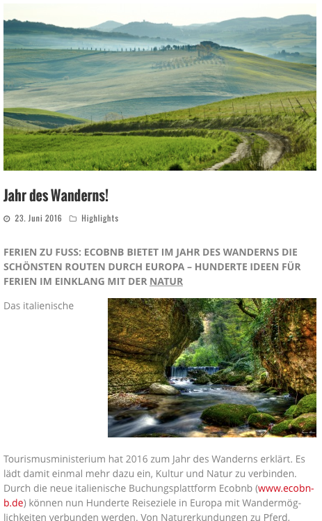 La rivista tedesca Wellness Magazin parla di Ecobnb