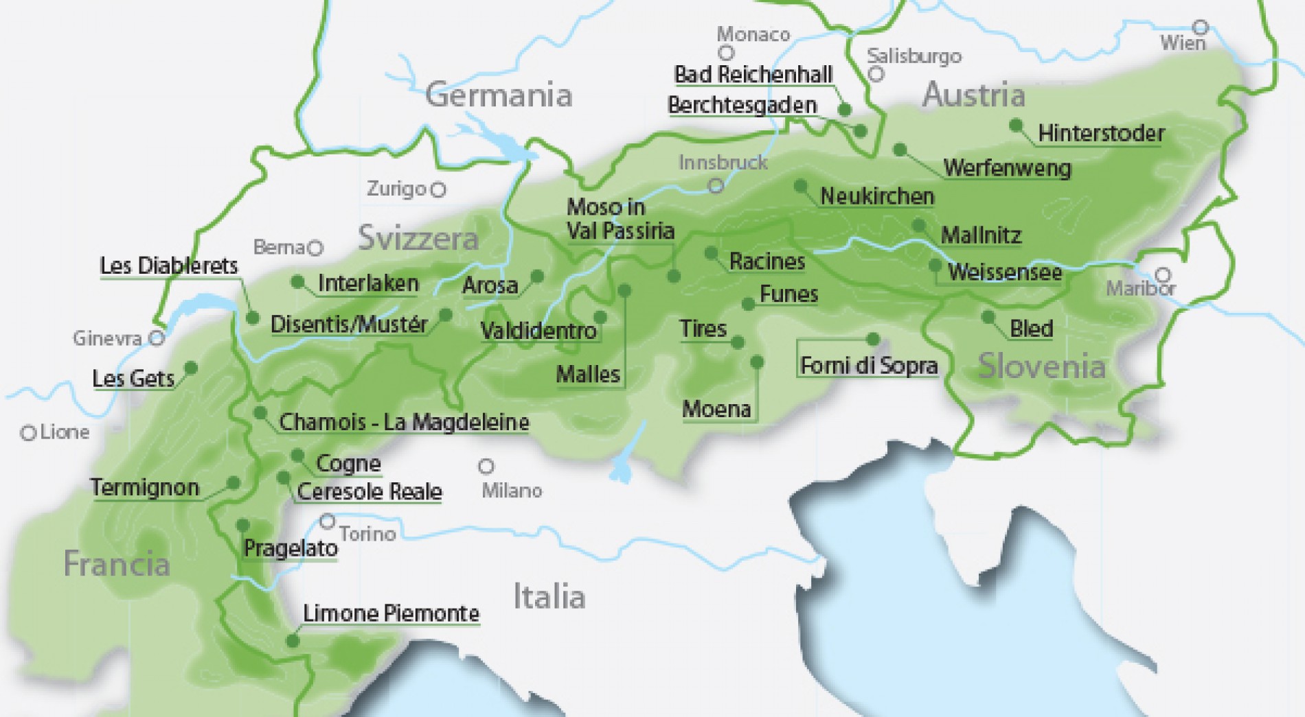 Mappa delle Perle Alpine, destinazioni sostenibili tra le Alpi
