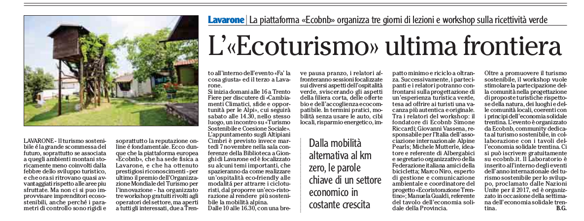 Ecoturismo e Ecobnb, articolo sulla rivista l'Adige