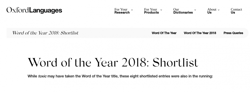 Word of the Year 2018 - shortlist Oxford Languages