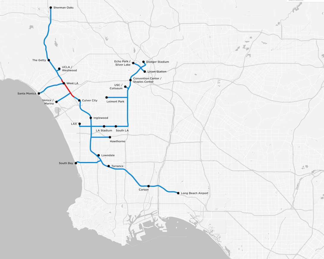 Mappa dei tunnel per i bus di Los Angeles, in rosso il tracciato di prova per il quale "The Boring Company" ha già presentato una richiesta di permesso di scavo.