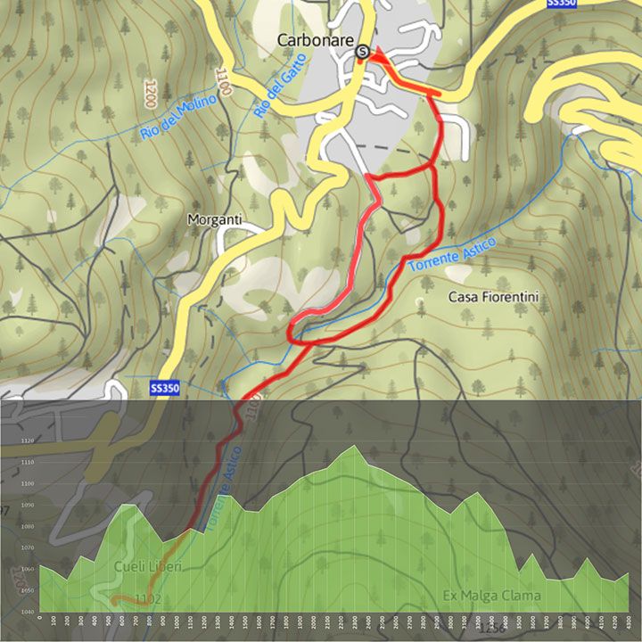 mappa del percorso da Carbonare a Cueli