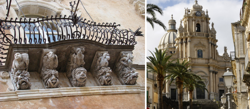 A sinistra, dettaglio decorativo barocco di Palazzo Cosentini. A destra, il Duomo di San Giorgio a Ragusa Ibla.
