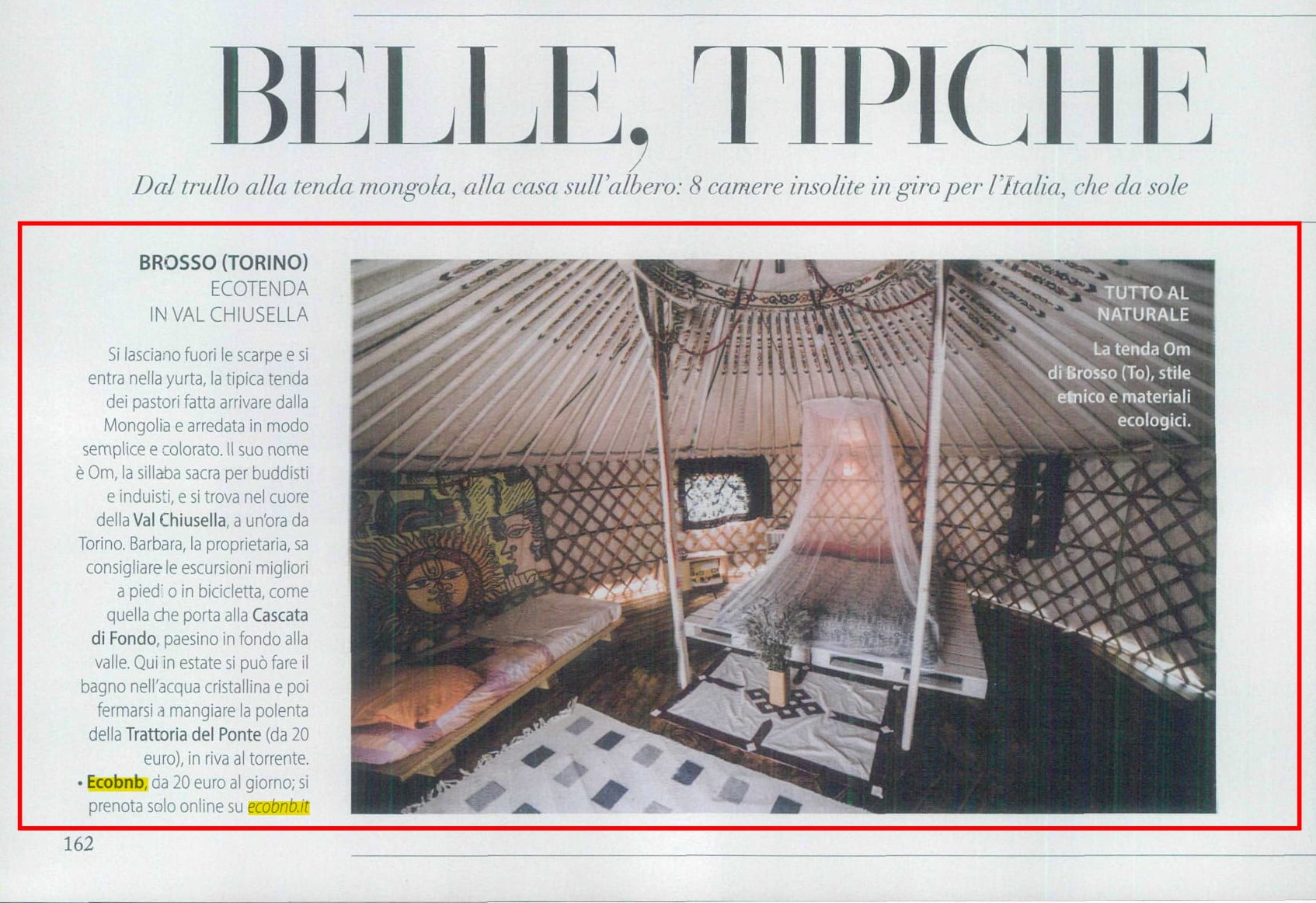yurta in Val Chiusella, Ecobnb sulla rivista F