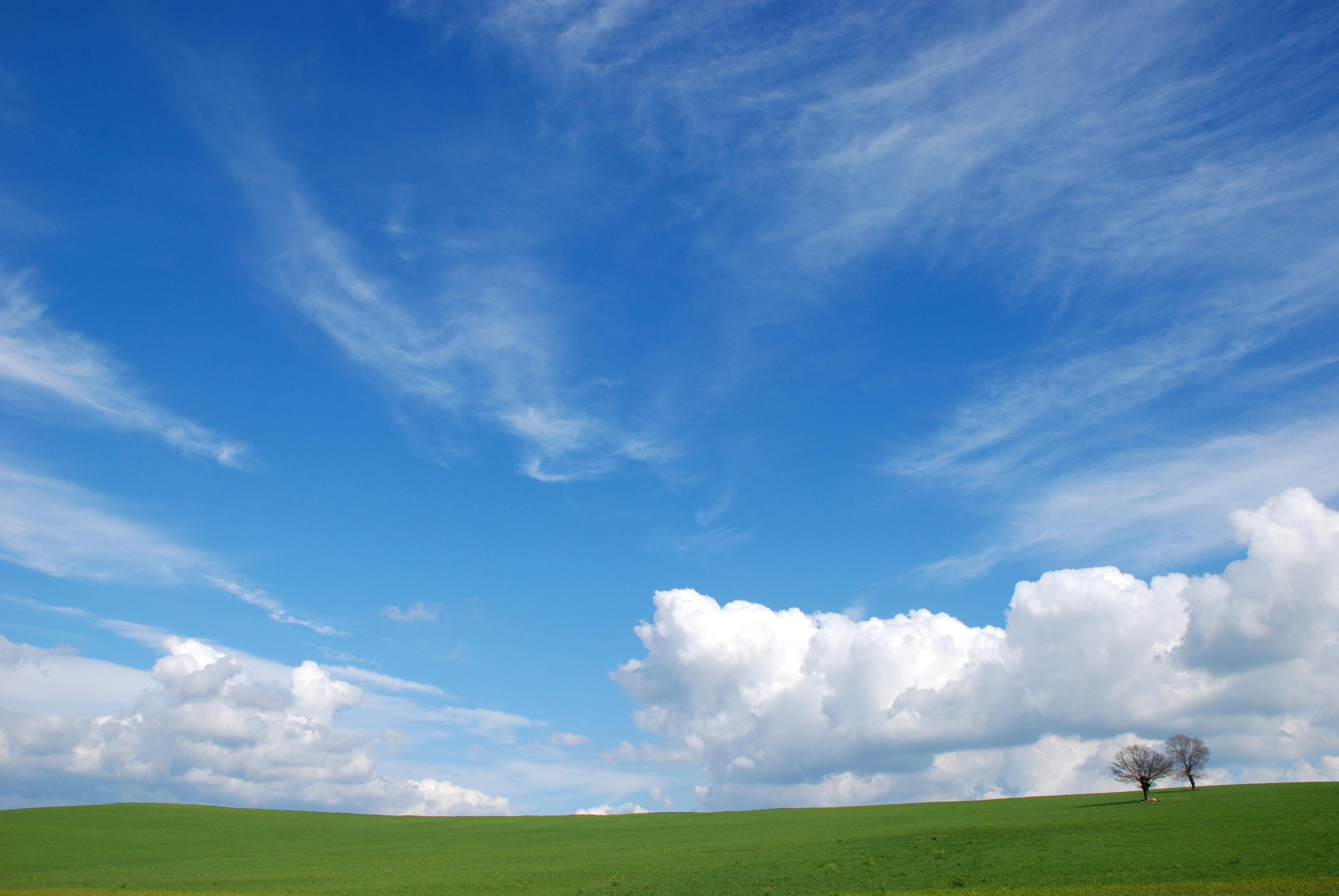 Paesaggio della Maremma Toscana vicino a Saturnia, cielo nuvole e prato verde