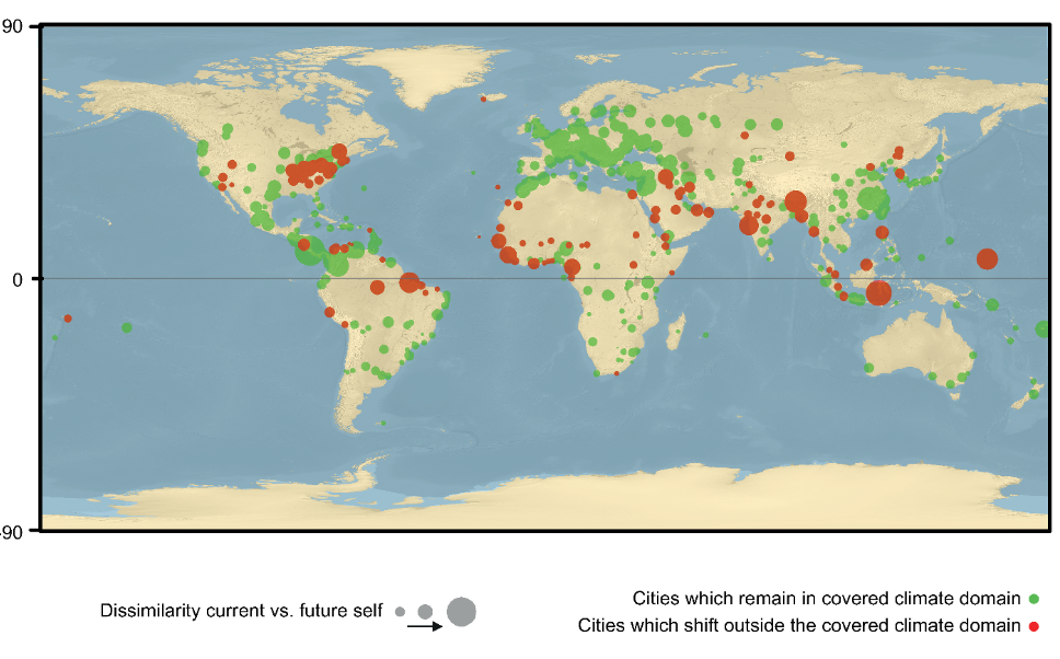 Mappa: In rosso le città del mondo il cui destino climatico è incerto, secondo lo studio condotto da Tom Crowther,ricercatore all'ETH Zürich