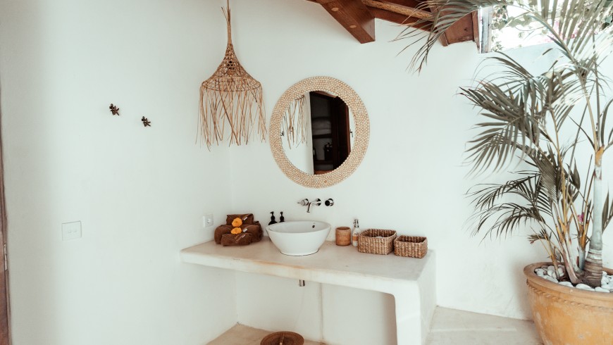 Sala da bagno con decorazioni sostenibili, Mule Malu Tropical Stay