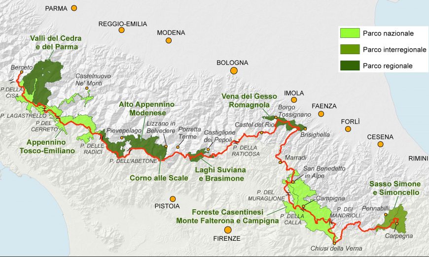 Mappa dell'itinerario dell'Alta Via dei Parchi da Berceto (Parma) a Carpegna (Marche)