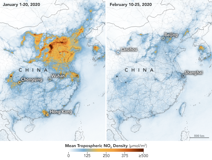 Mappa delle concentrazioni di inquinanti dell'aria prima e dopo l'emergenza coronavirus in Cina