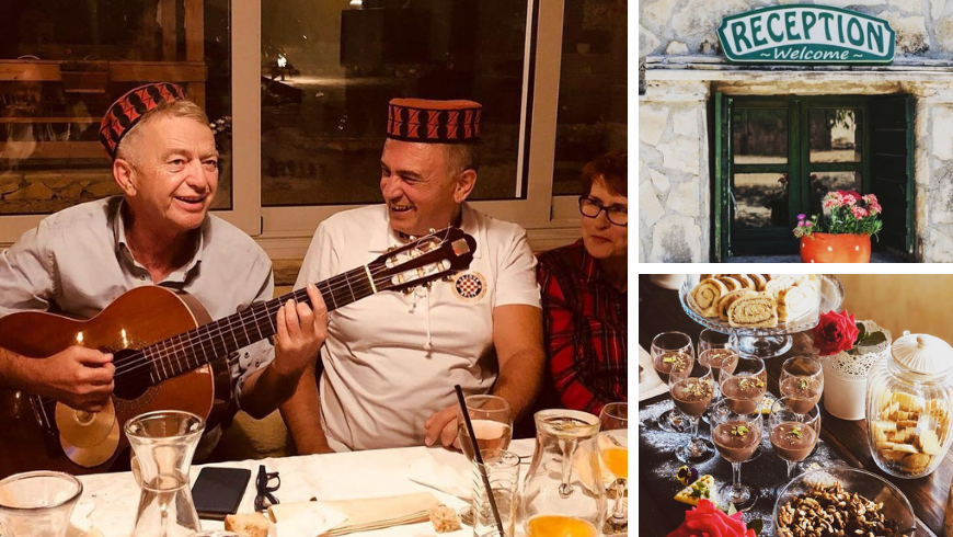 Foto della famiglia Kalpić che suona canzoni tradizionali, della reception del B&B e di dessert preparati con amore per gli ospiti dell'agriturismo