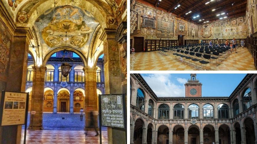 Archiginnasio di Bologna, foto della aula magna e delle arcate decorate