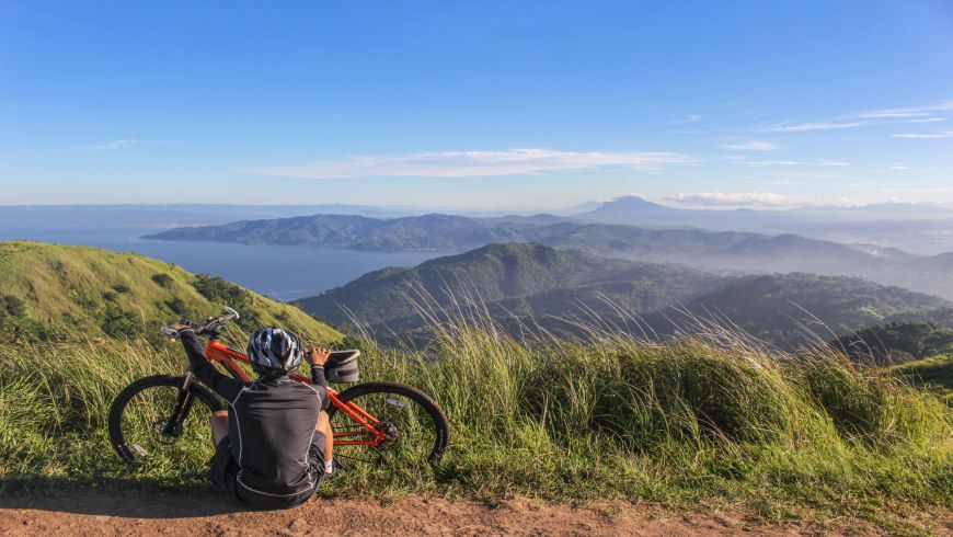 Bicycle, cyclist, sea, route, hill, grass, sea