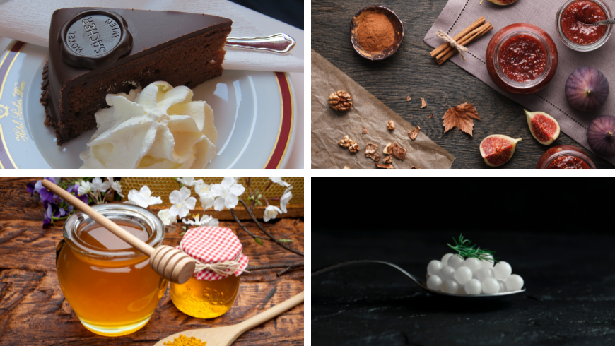 Some of Vienna's specialties such as the Sacher cake, honey, snail caviar and figs.