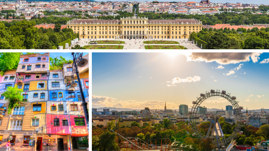 The Schönbrunn Palace, the Landstrasse neighborhood and the Prater Park, some of the principal attractions of Vienna.