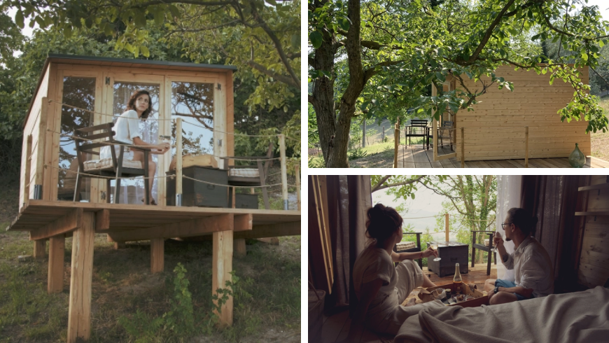 immagini di un hut eco-friendly in legno tra gli alberi del Monferrato