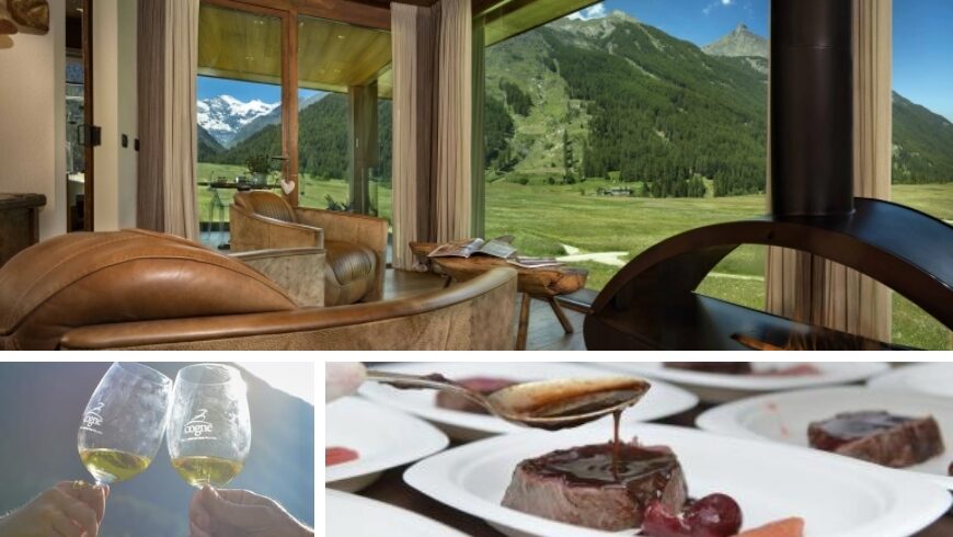 Bellevue Hotel con vista sulle Alpi. In basso i due protagonisti del tour "Cantine Gourmet": il vino e le prelibatezze locali