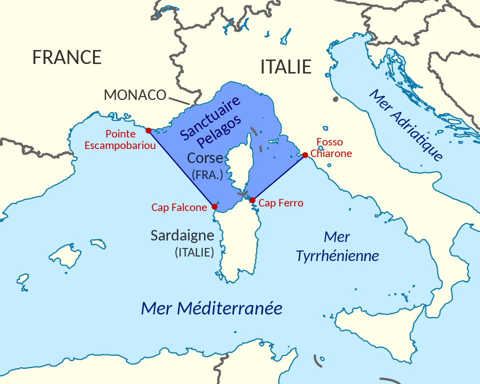 Mappa del santuario dei cetacei marini Pelagos in Liguria
