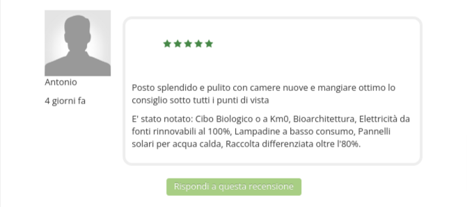 Recensione online su Ecobnb e pulsante verde da cliccare per rispondere all'ospite