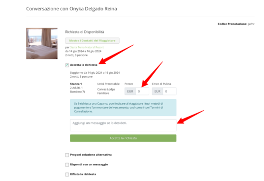 Esempio di messaggio disponibilità su Ecobnb: le frecce rosse evidenziano i campi da compilare
