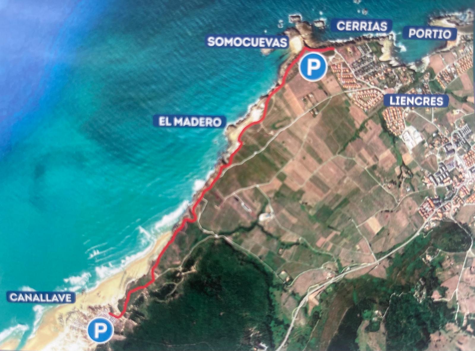 mappa del percorso lungo la costa di Liencres da Somocuevas a Cannalave