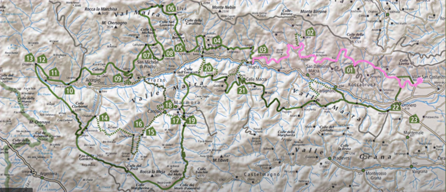 Mappa dei percorsi occitani in Valle Maira