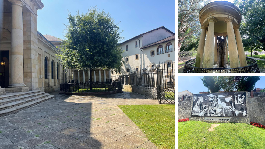 A sinistra, l'albero di Guernica, nella Casa de juntas de Gernika. In basso a destra una copia di "Guernica" di Pablo Picasso.