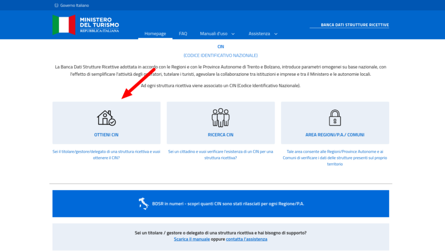 home page del sito del BDSR, dove puoi ottenere il codice CIN