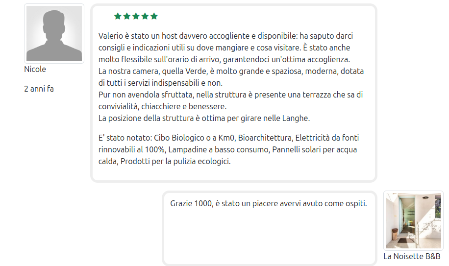 Una delle tante recensioni a 5 stelle della Noisette su Ecobnb