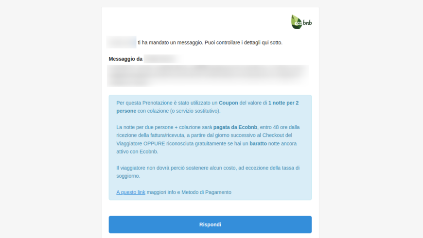 Messaggio Coupon 1 notte per 2 persone con colazione