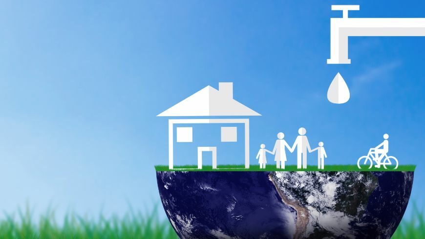 illustrazione di una famiglia e la loro casa sopra una terra a metà
