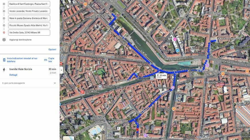 itinerario a piedi tra i navigli, mappa