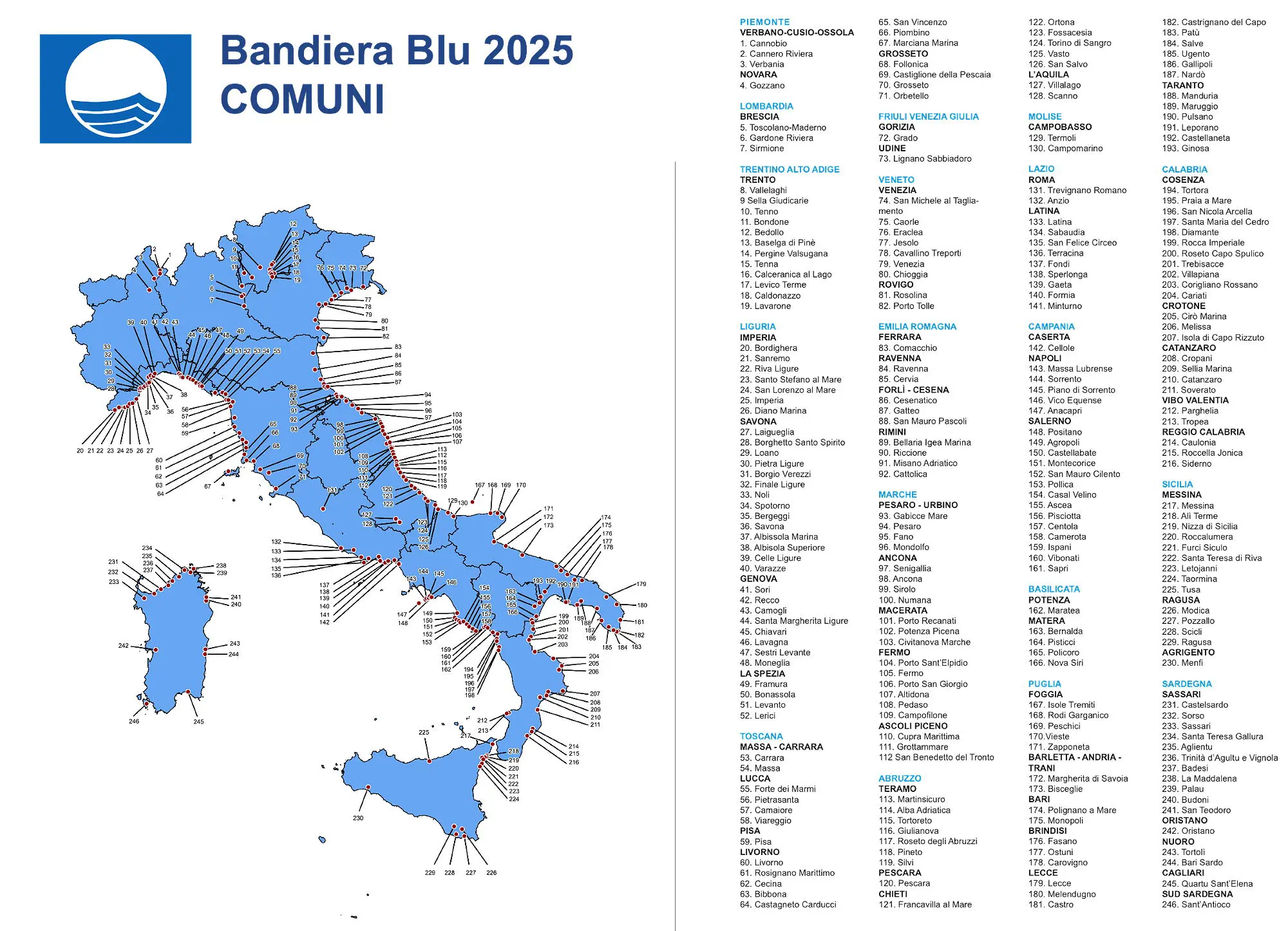 mappa dell'Italia con tutti i comuni e spiagge bandiera blu 2025