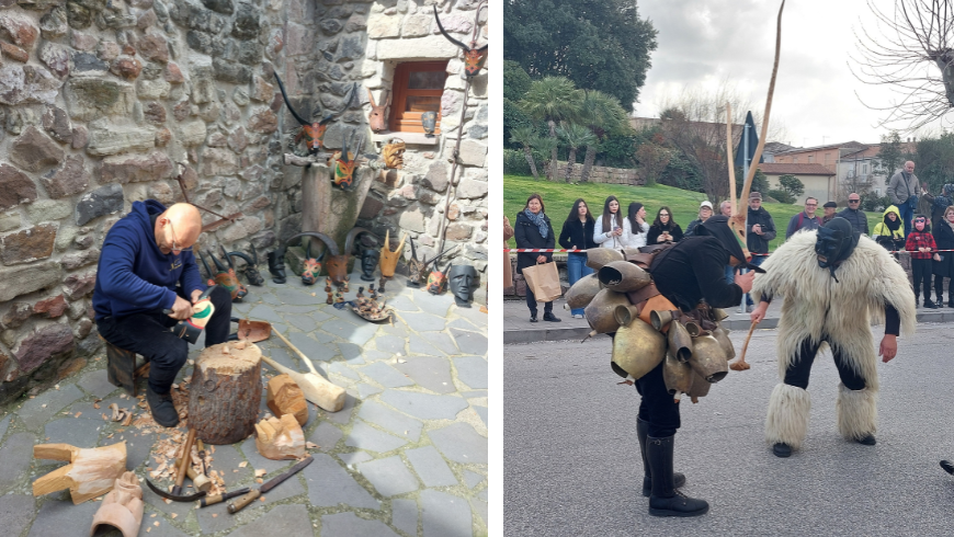 Ottana, artigiano al lavoro e maschere durante il carnevale
