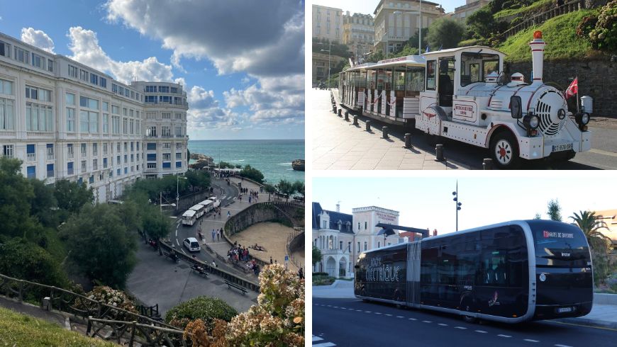 Vista dall'alto del Petit Train di Biarritz davanti al Bellevue. Il trenino e il bus elettrico T1