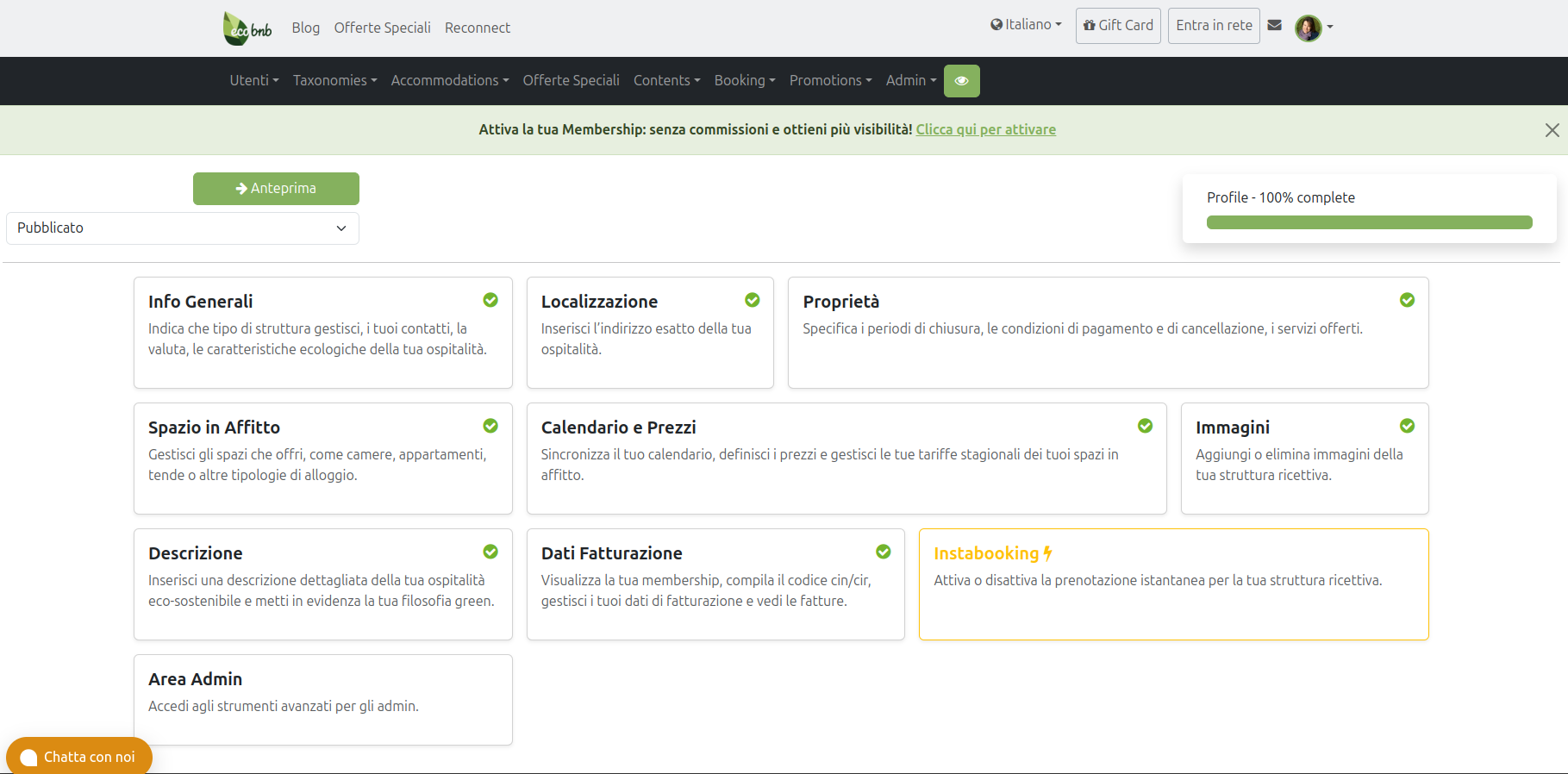 Menù Pagina Struttura Ricettiva su Ecobnb
