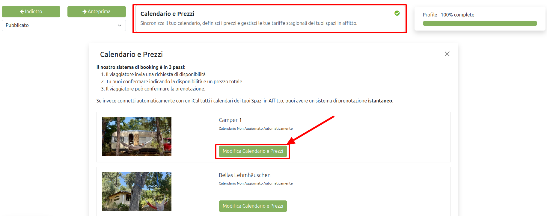 calendario prezzi degli spazi su Ecobnb