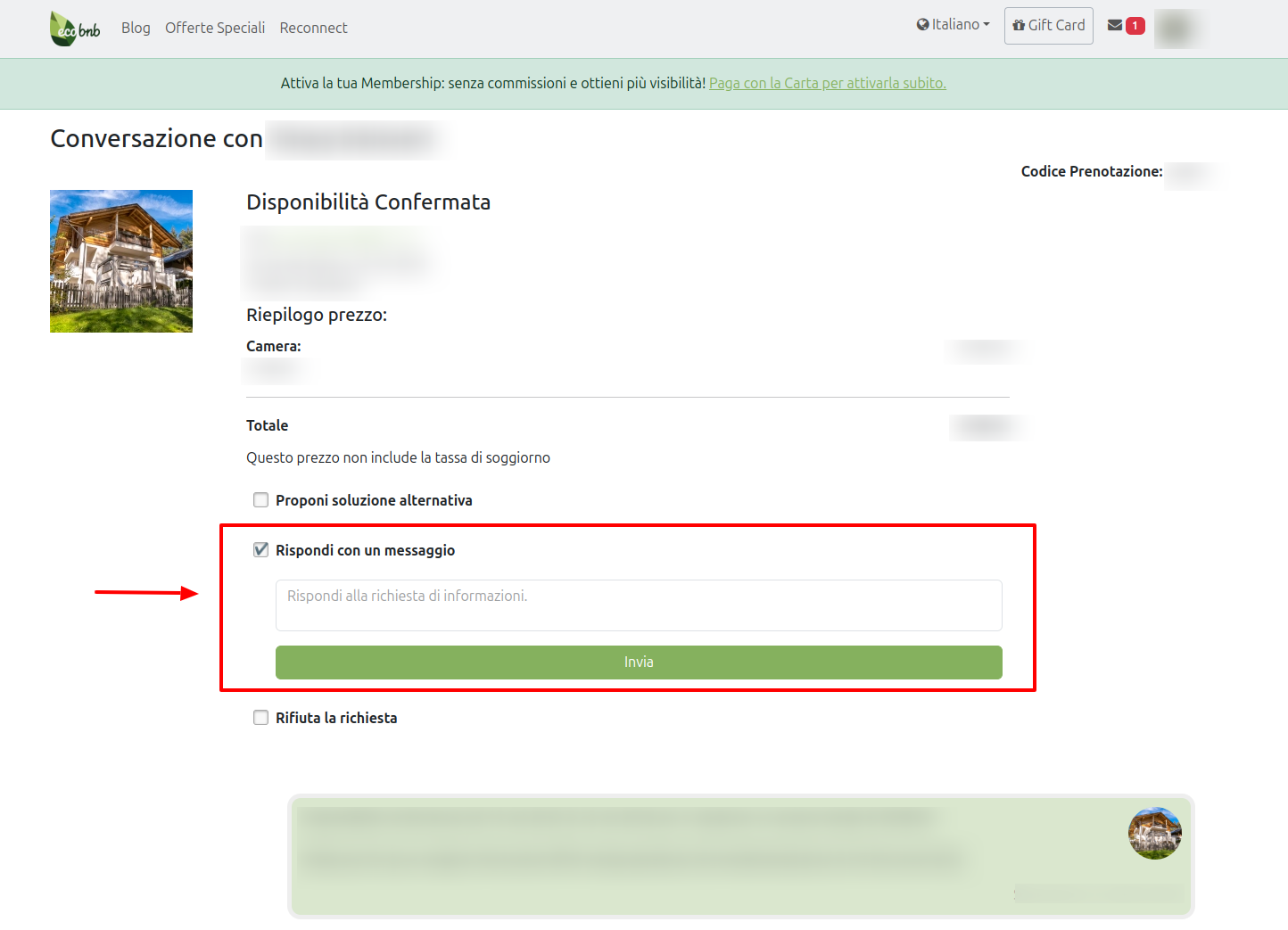 come rispondere con un messaggio al viaggiatore tramite Ecobnb