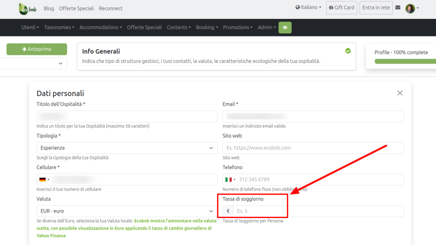 dove inserire la tassa soggiorno su Ecobnb