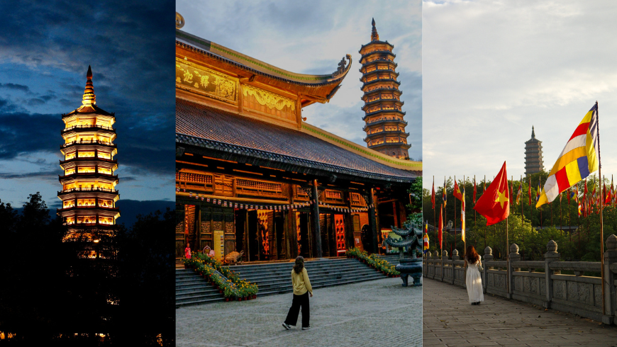 Kompleks Pagoda Bai Dinh di sore dan malam hari dengan cahaya yang indah